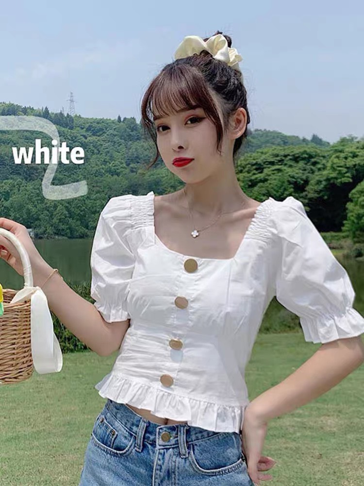Áo voan cổ V nút trước tay ngắn dễ thương TTSLA0244