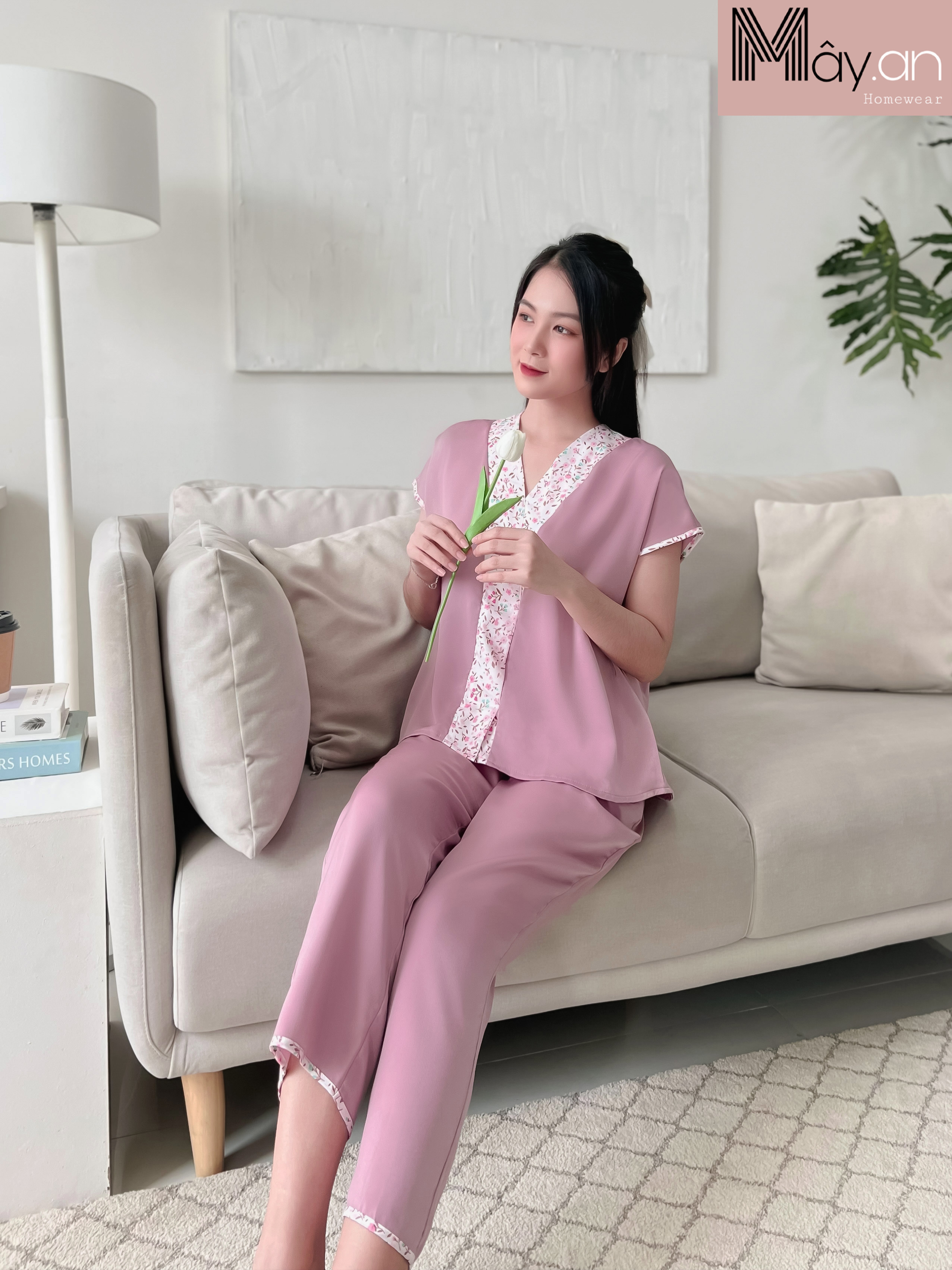 Đồ mặc nhà Mây áo viền hoa lụa nhung cao cấp - quần dài