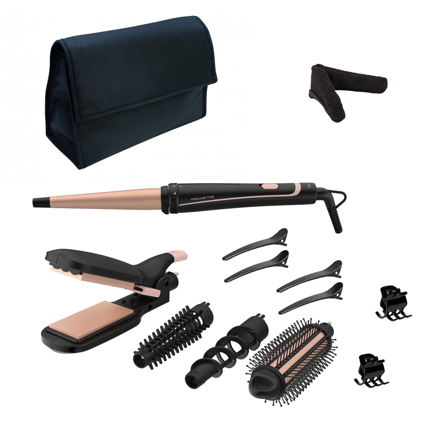 Rowenta CF423 Infinite Looks 14-in-1 Multistyler | Ceramic Coating | Cool Tip | Includes Styling Attachments (Hair Straightener/Crepe Iron/Curling Iron/Hot Air Brush) and Accessories | Black/Copper