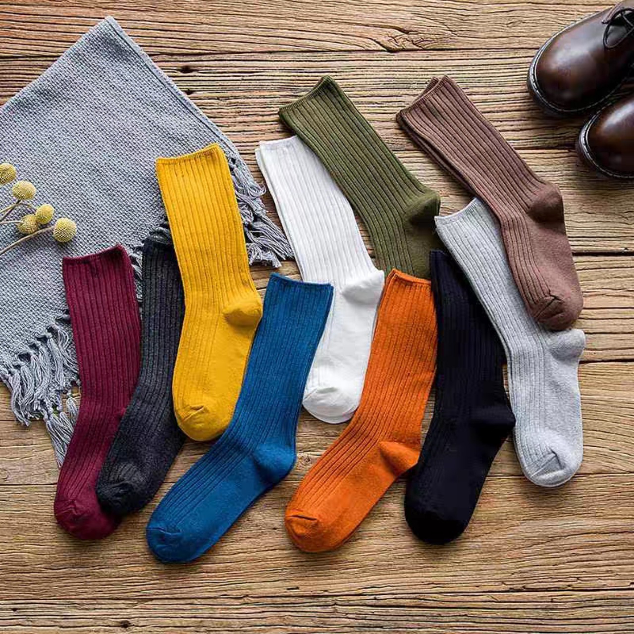 Tất nữ cổ cao nhiều màu - Vớ nữ len gân vintage cổ cao T142