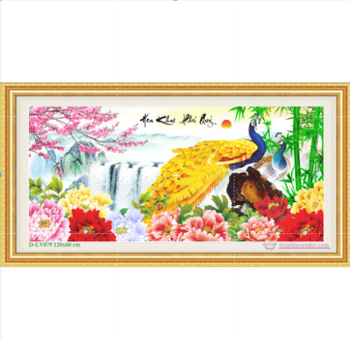Tranh Đính Đá CÔNG HOA KHAI PHÚ QUÝ (ĐÁ ABC CAO CẤP). Kích Thước: 1m2 x 60cm