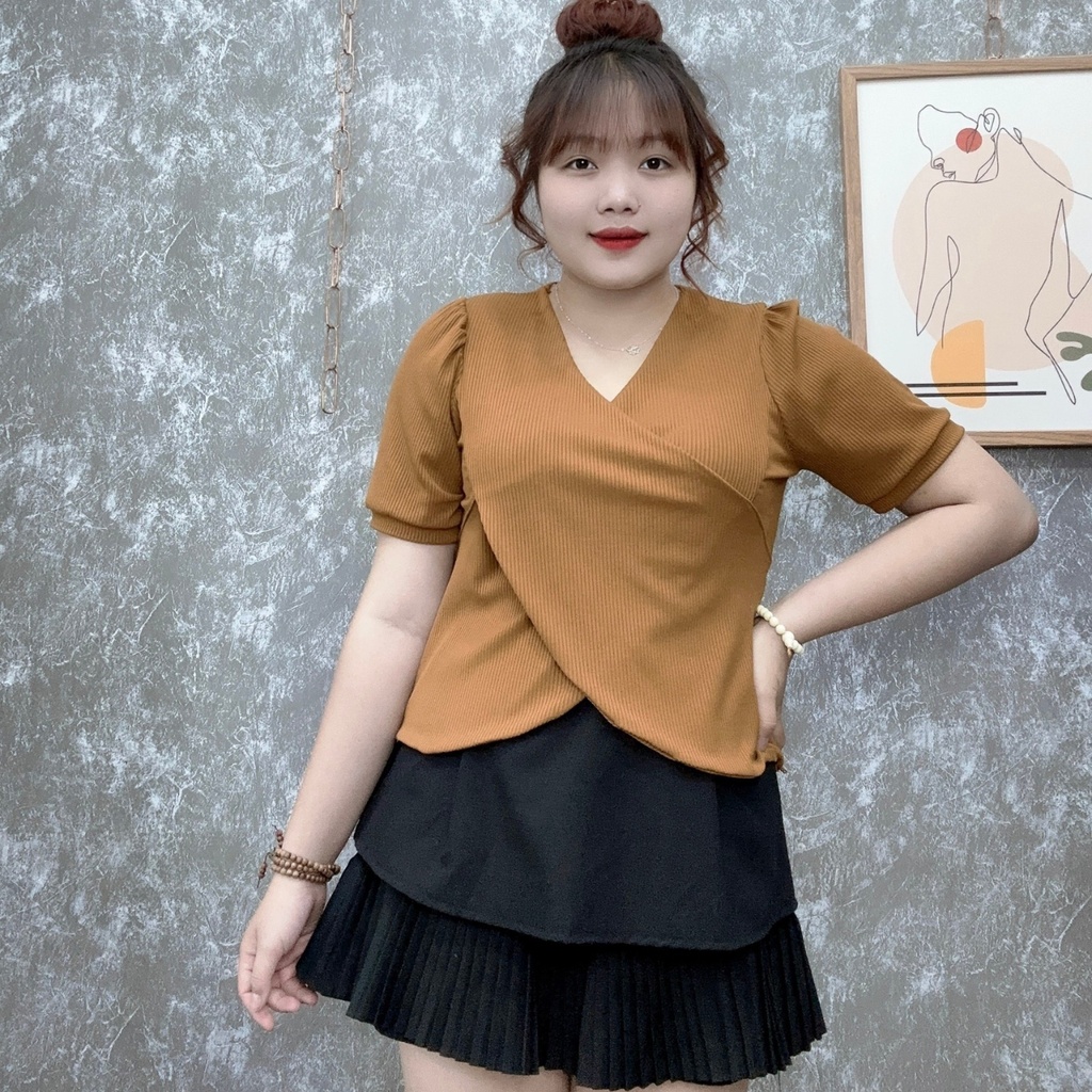Áo thun tay ngắn bigsize thiết kế đắp chéo hottrend Áo phông chất gân tăm co giãn phom rộng 60-95kg G36