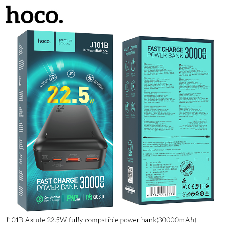 Pin dự phòng Hoco J101B 30000mAh USB QC 3.0 22.5W, TypeC PD 20W - Nhất Tín Computer