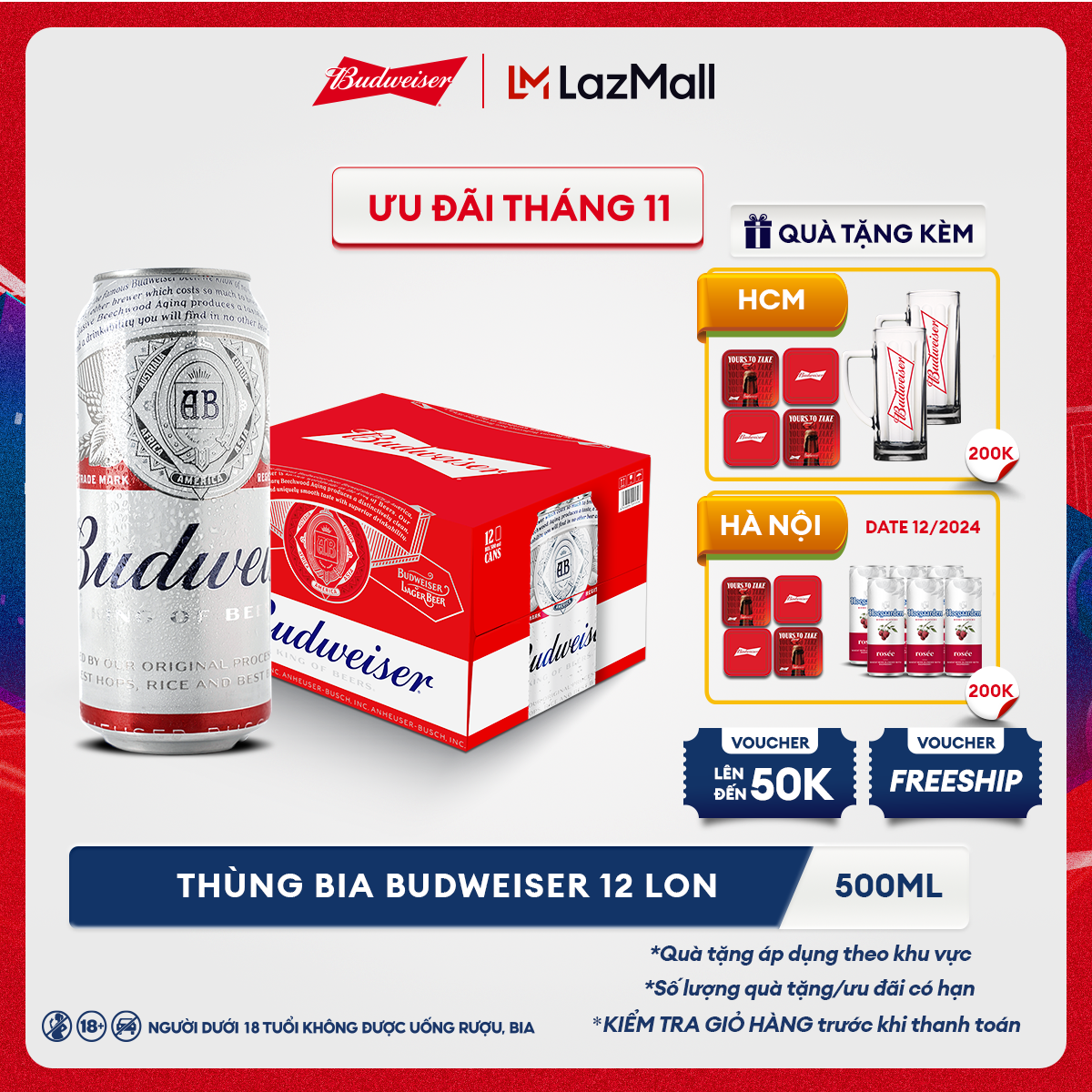 [25.11 - 29.11 VC ĐẾN 30K+FS] Thùng 12 Lon Bia Budweiser (500ml/lon)