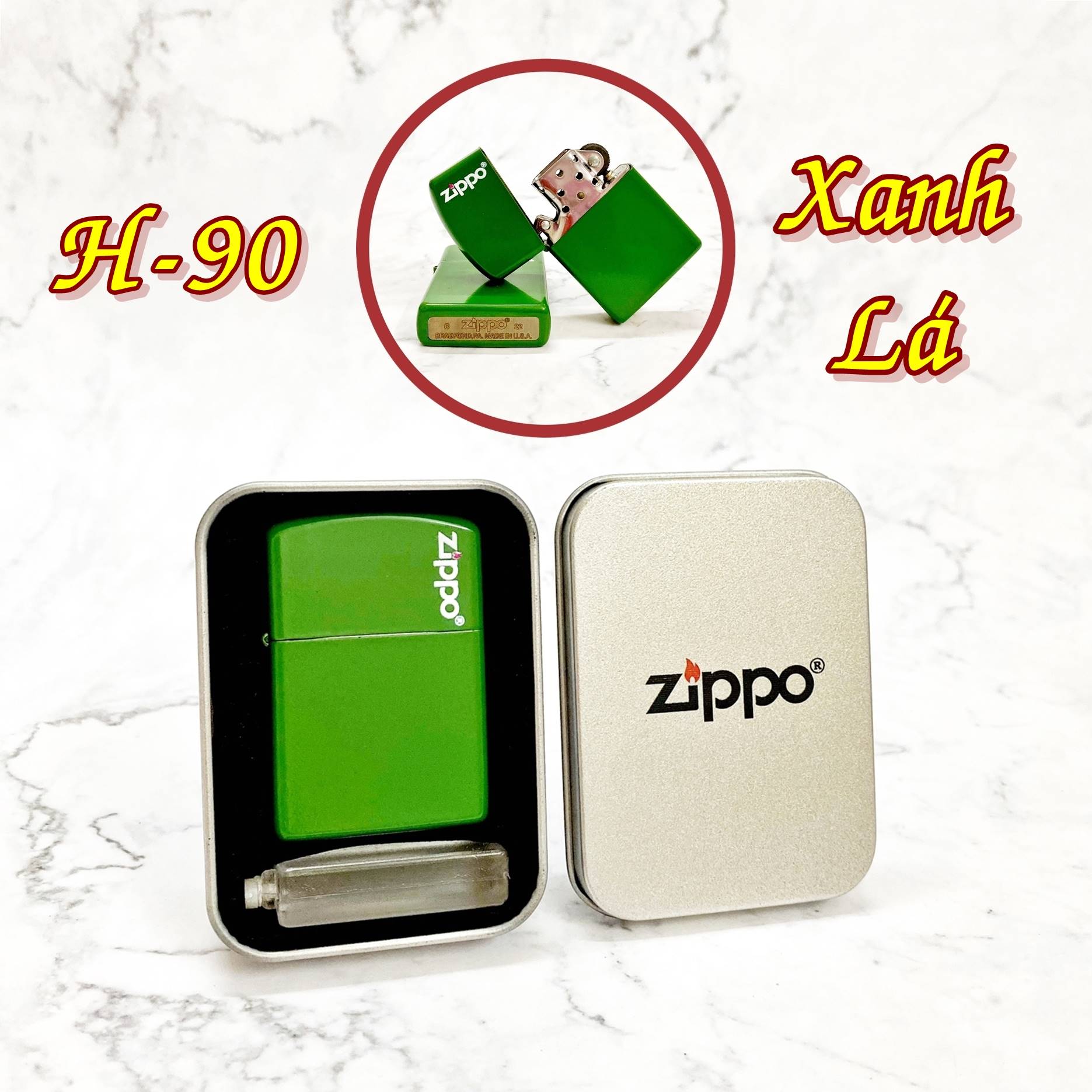 Bật lửa zippo sơn tĩnh điện có mộc đáy màu xanh lá