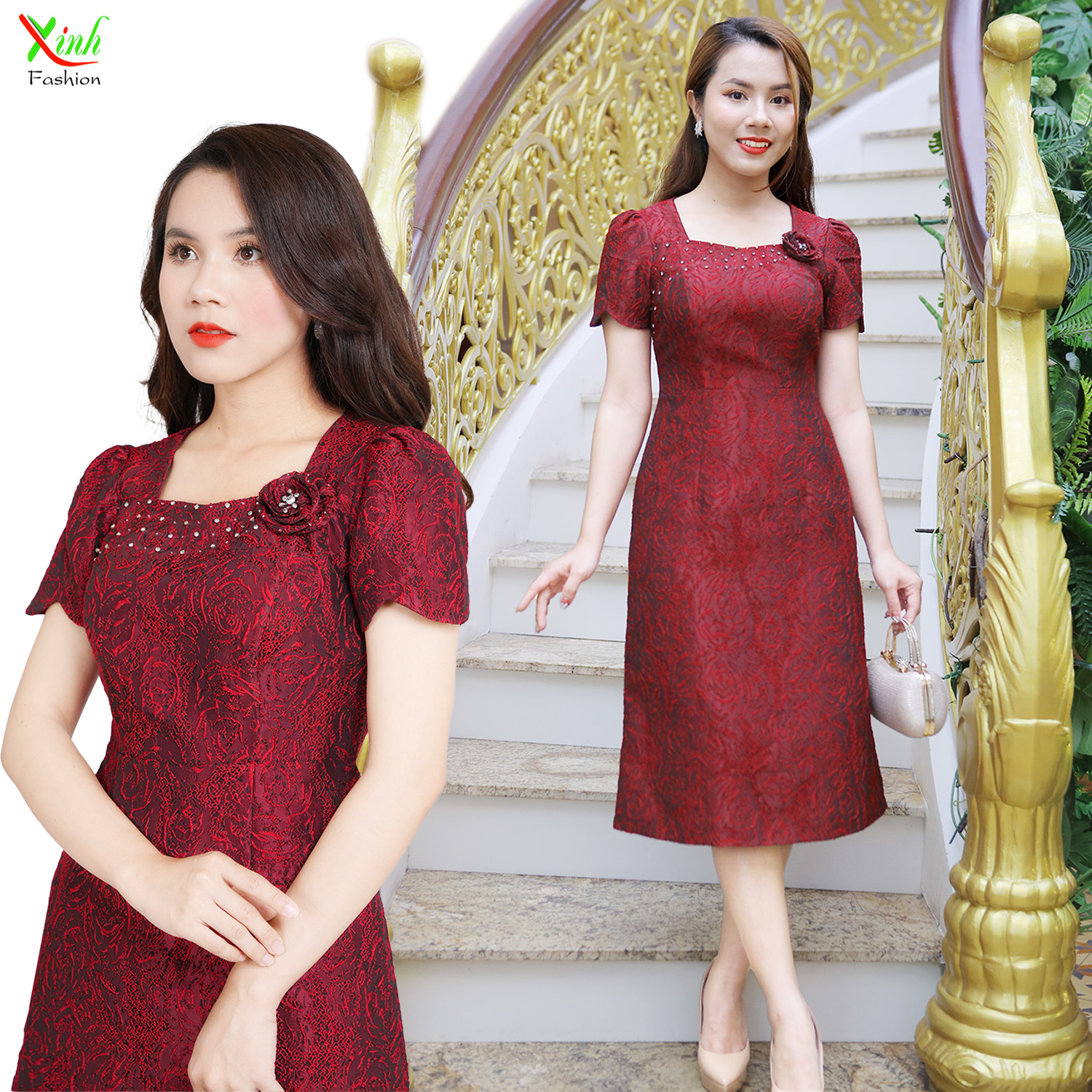Đầm Gấm Taftap Đỏ Đô Hoa Kết Cườm Cao Cấp DL849