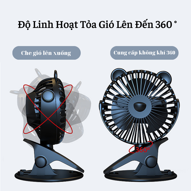 Quạt Kẹp Xe Đẩy Mini Cho Bé ,Quạt Kẹp Tích Điện Kết Hợp Đứng Tiện Lợi Xoay 720° Gọn Nhẹ Pin Trâu An Toàn Cho Bé