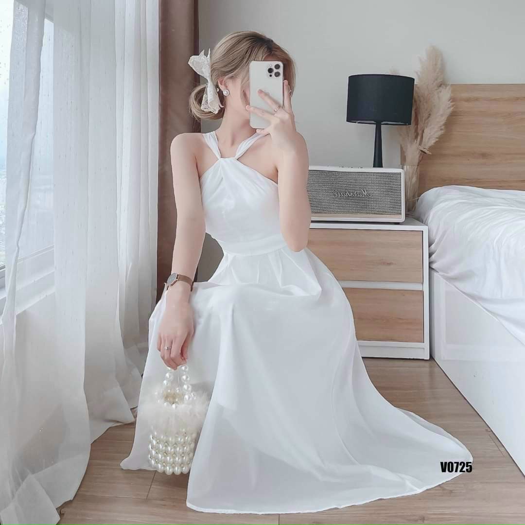 Đầm xòe dáng dài hai dây chéo cổ dịu dàng siêu xinh ạ