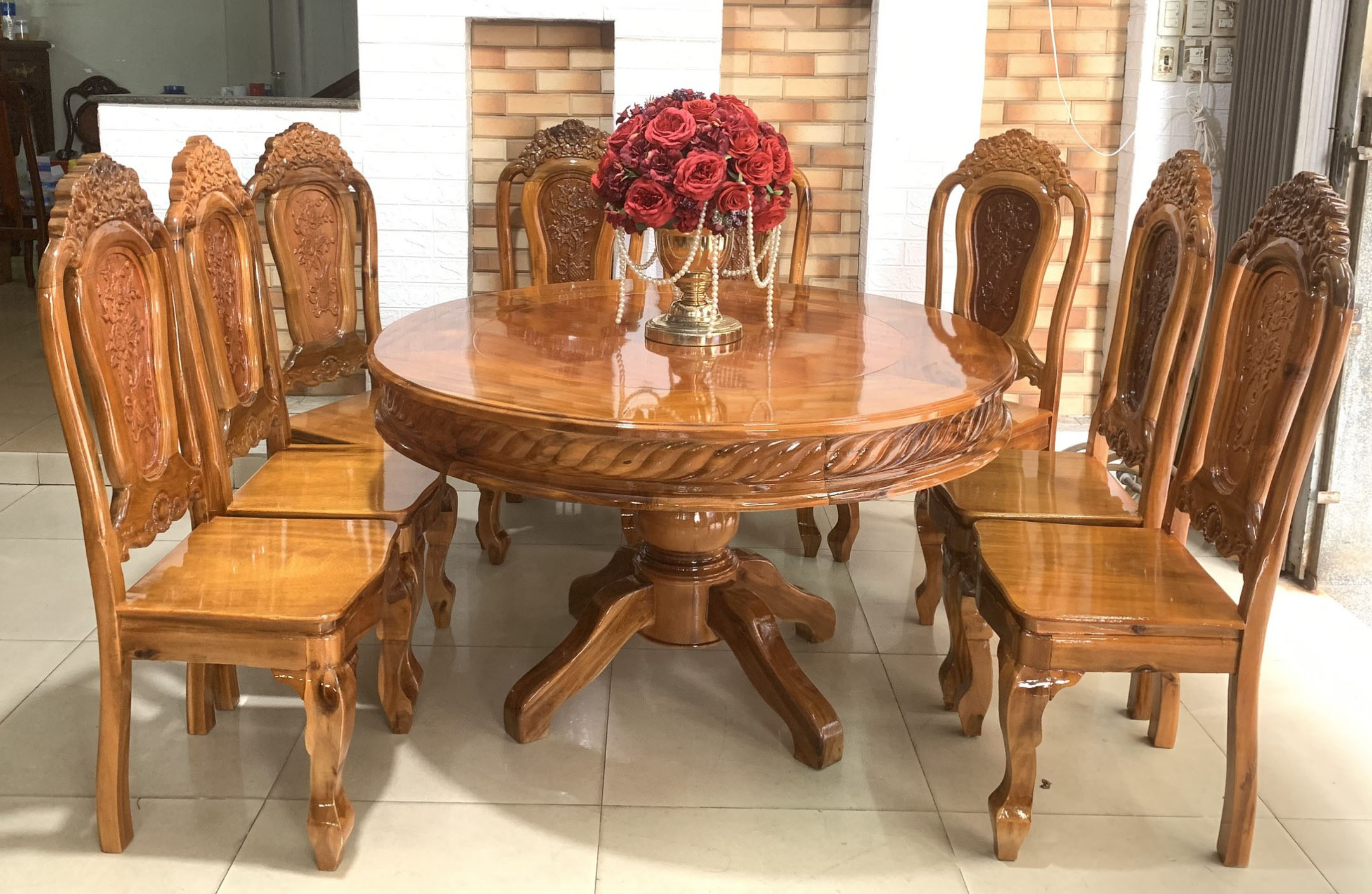 Bộ bàn ăn tròn gỗ tràm , Bàn ăn tròn cao Cấp 6 ghế và 8 ghế , bộ bàn ghế phòng ăn nhà bếp hỗ trợ trả góp không mât phí