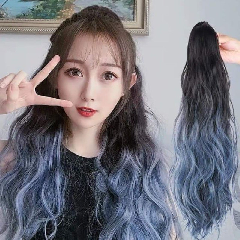 Tóc giả ngoạm xù omber xanh, N42