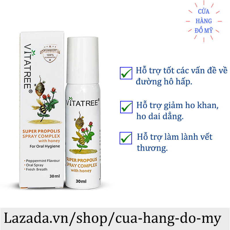 Chai Xịt Keo Ong Vitatree 30ml Super Propolis Spray Complex with Honey