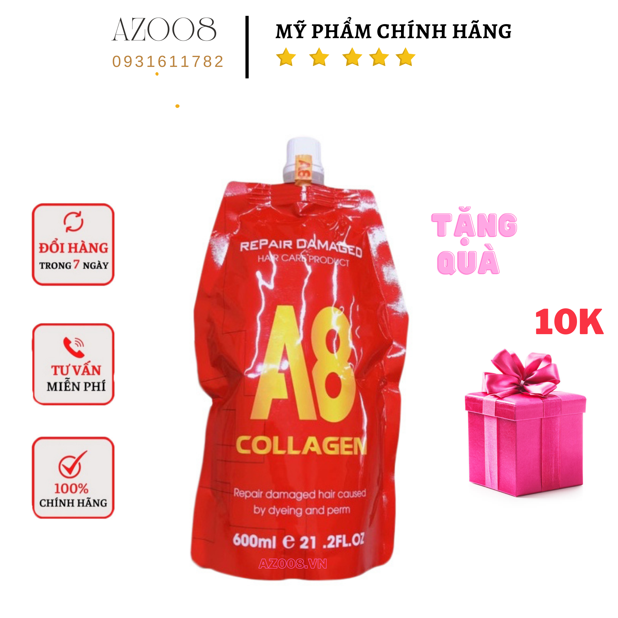 Dầu hấp ủ tóc phục hồi tóc hư tổn collagen a8 dung tích 600ml cao cấp az008 nón trùm ủ tóc