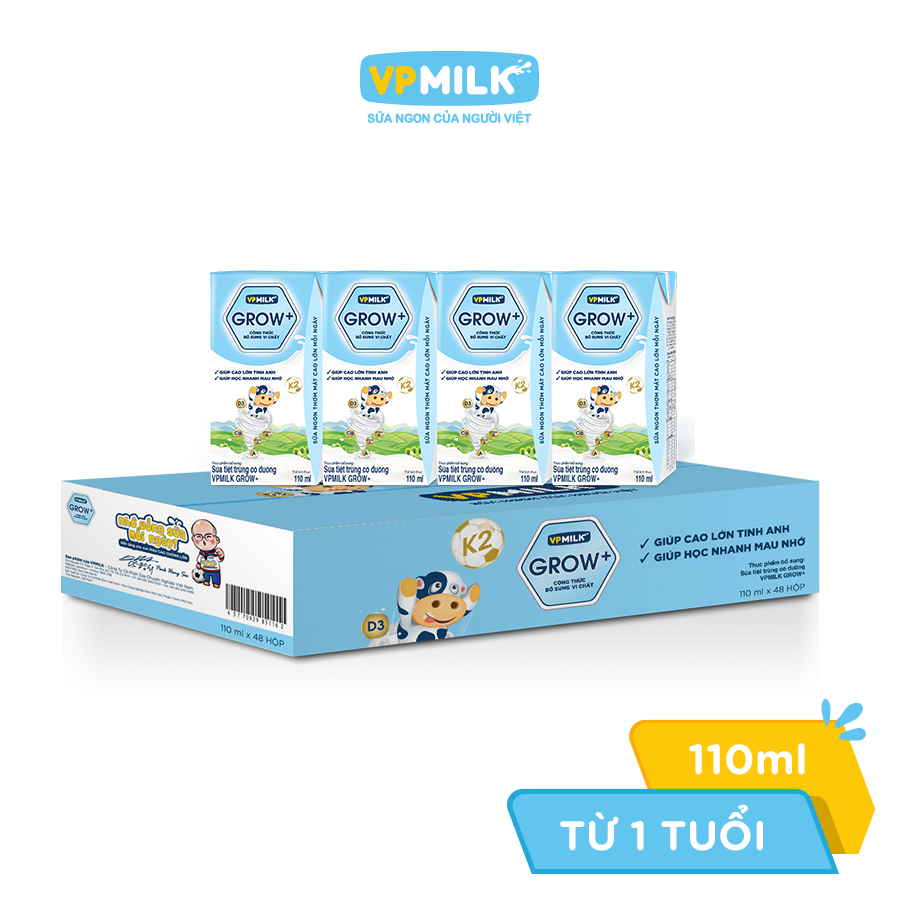 [6 Lốc 110ml] Sữa Tiệt Trùng VPMilk Grow+ Có Đường Cho Bé Từ 1 Tuổi
