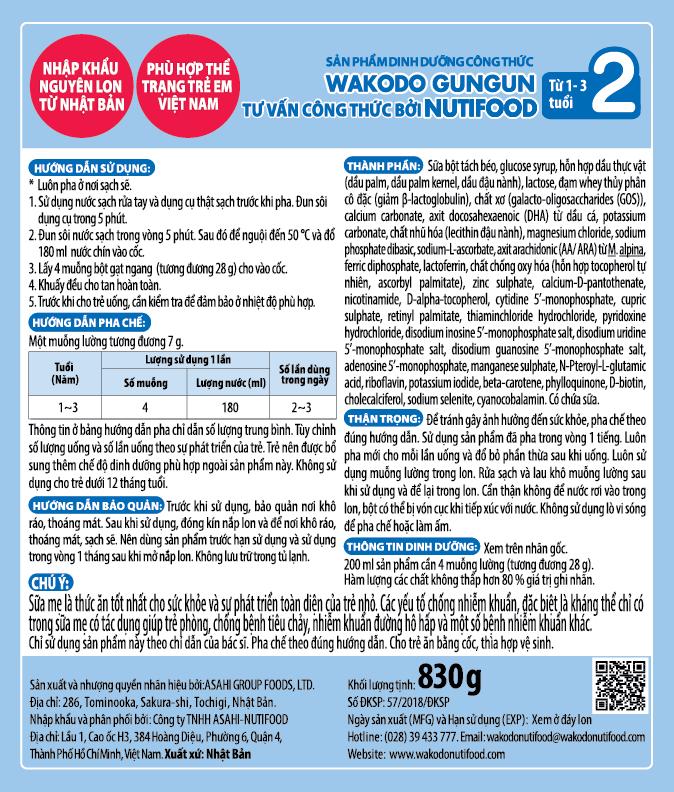 Sữa WAKODO GUNGUN Số 2 (1-3 tuổi) - Lon 830gr
