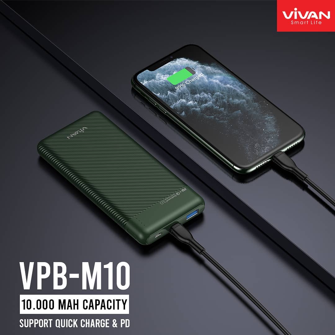 Pin Sạc Dự Phòng Chính Hãng VIVAN VPB-M10 10000mAh Sạc Nhanh 2 chiều 18W Quick Chare 3.0  2Input 2Output Type C  Kèm Cáp Type-C  BH 12 THÁNG 1 ĐỔI 1