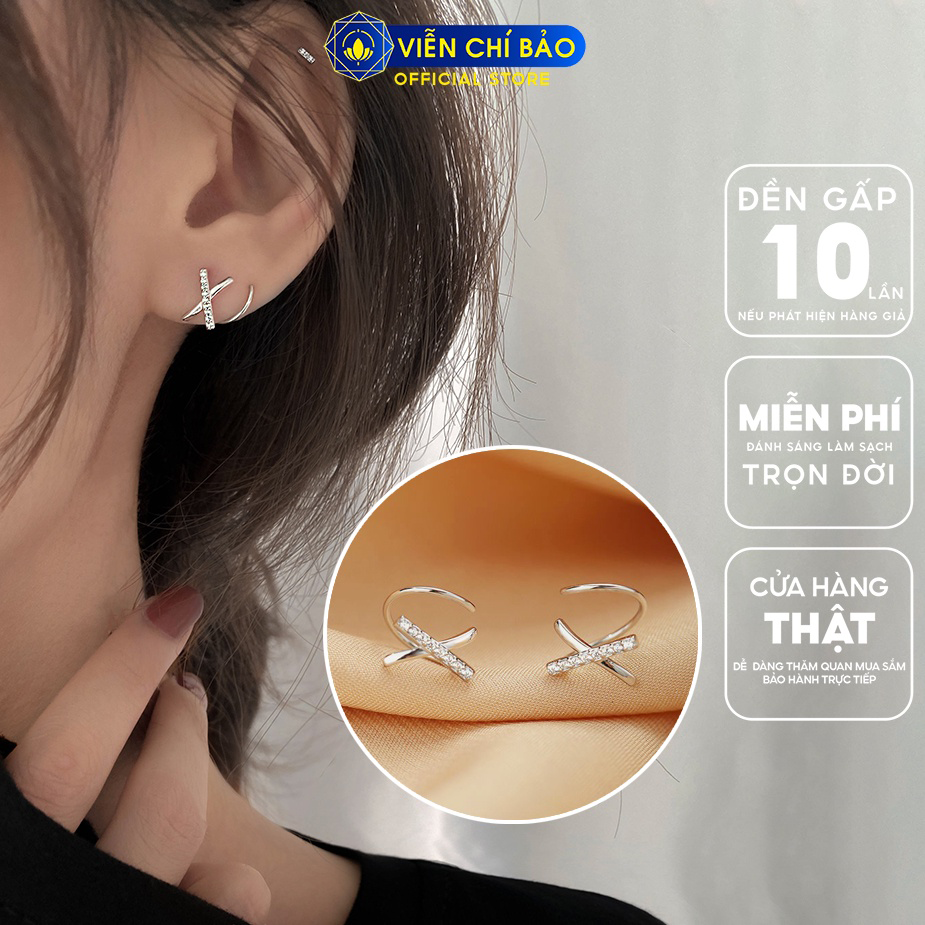 Bông tai bạc nữ chữ X xoắn nạm đá chất liệu bạc S925 phong cách trẻ trung cá tính Viễn Chí Bảo B400259