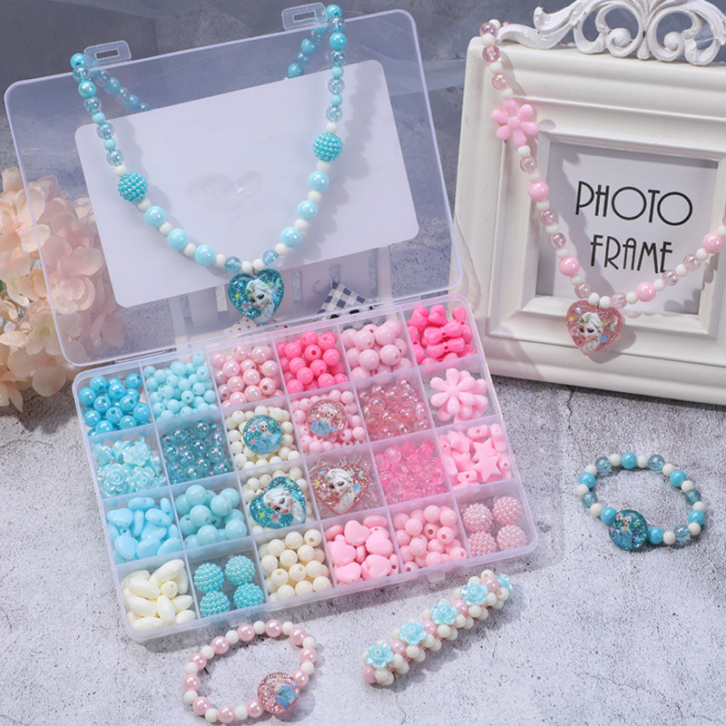 Hộp Xâu Vòng Hạt Cườm Trái Tim Công chúa Elsa Frozen  Có Gương Soi(Tặng Khung bờm+Cuộn Cước Xâu Vòng)