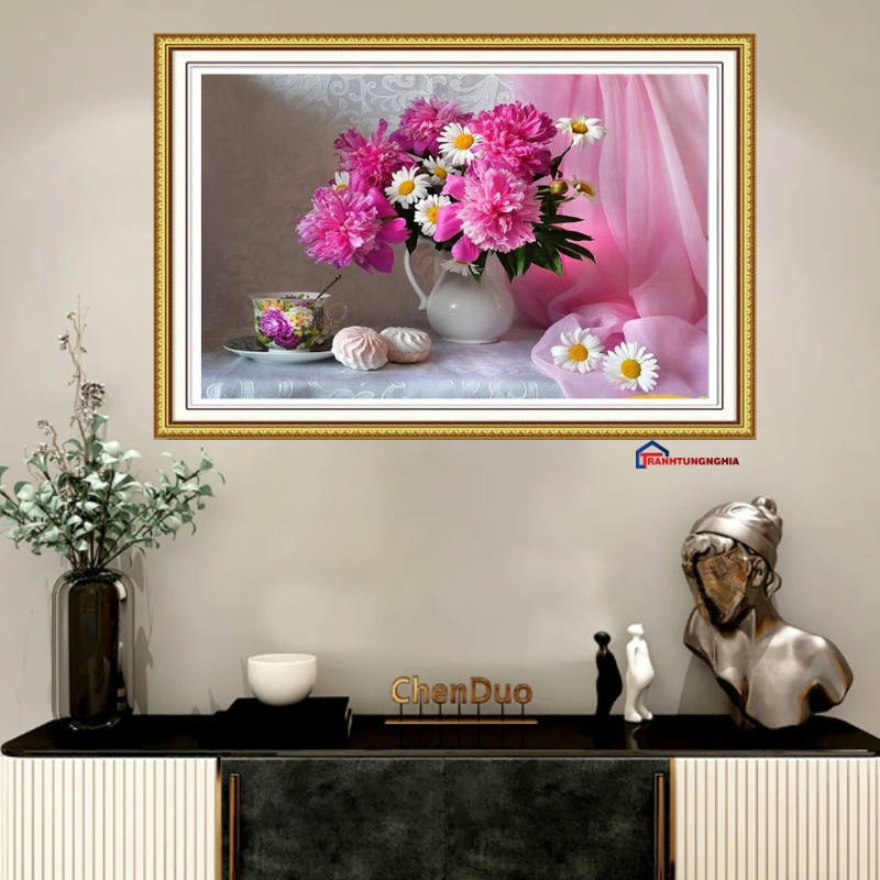Tranh đính đá bình hoa khoe sắc 75cm x 53cm