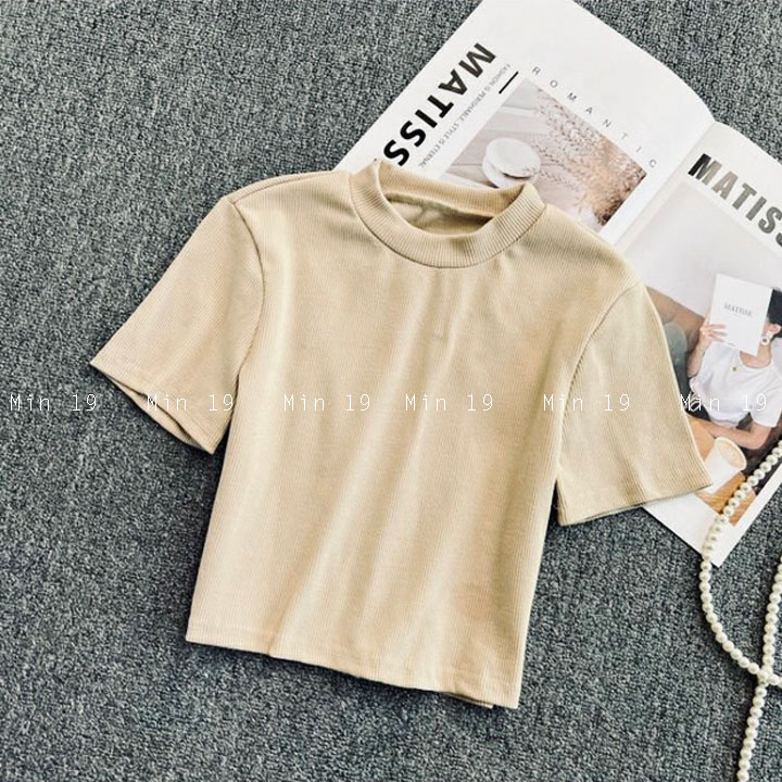 Áo thun nữ tay ngắn MIN19 áo phông nữ croptop đẹp cổ tròn dáng ôm vải cotton màu trắng đen nâu be thời trang Hàn Quốc