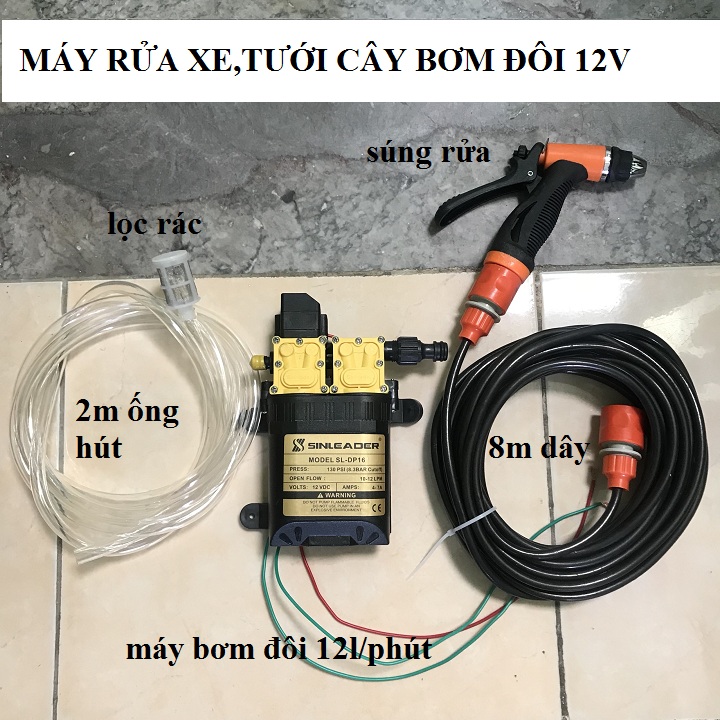 Bộ rửa xe 12v - máy rửa xe 12v mini bơm đôi siêu khỏe