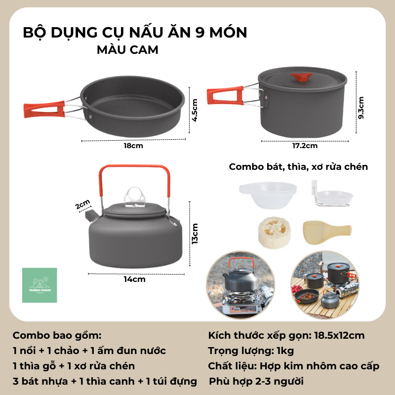 Bộ nồi nấu ăn dã ngoại xếp gọn 9 món có ấm nước, nồi-chảo dã ngoại, chất liệu hợp kim nhôm cao cấp, nhỏ gọn nhẹ tiện dụng - DCP23