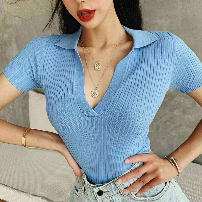 Áo thun gân cổ V đắp chéo ôm body tay NHÍ form đẹp