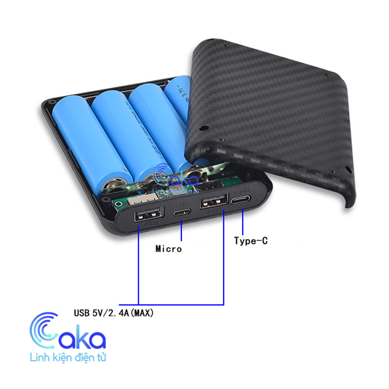 Box sạc pin dự phòng 4 pin 18650 cổng sạc type c micro 2 cổng usb 2.4a