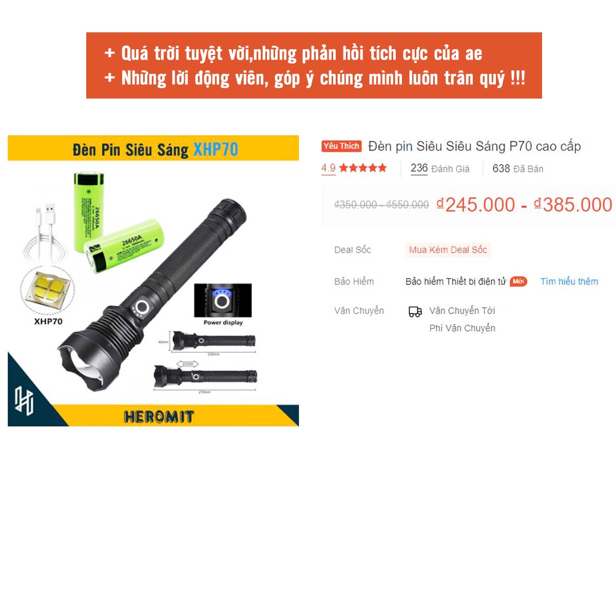 Đèn pin Siêu Sáng XHP70 pin Trâu cáp Type-C ( chuẩn loại 1 )