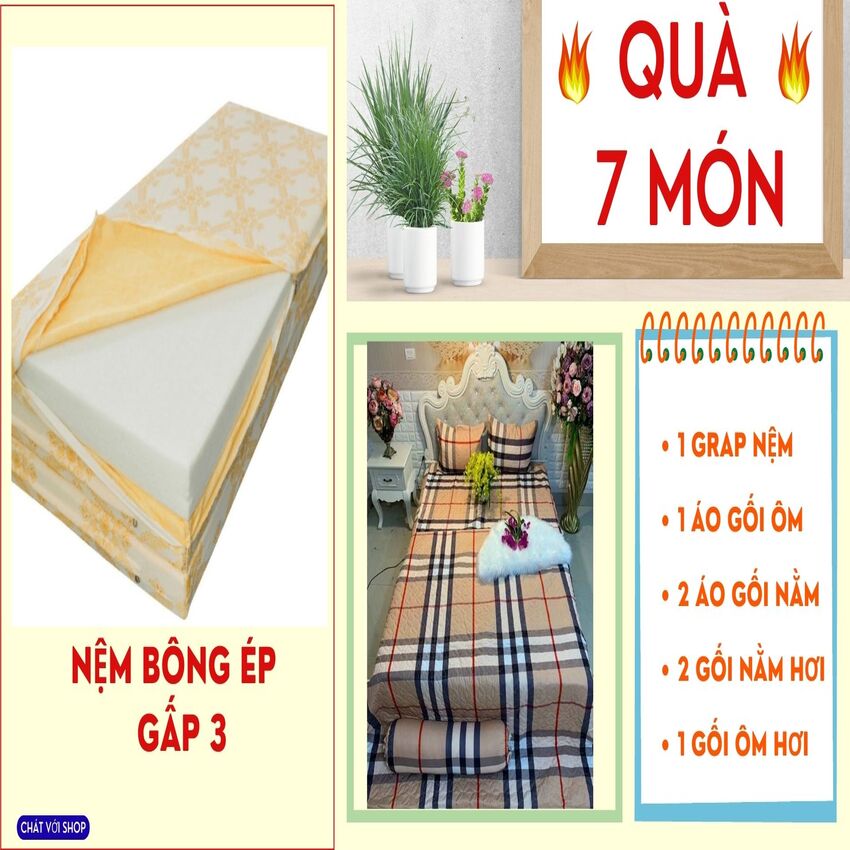 Nệm bông ép gấp 3 korea 1m4 x 2m x 9cm quà 7 món cao cấp