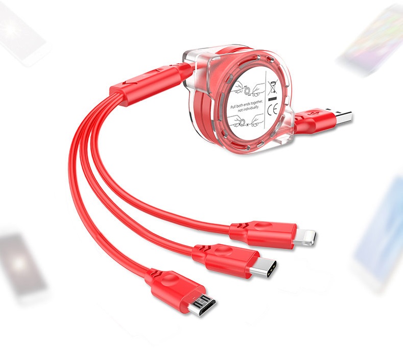 Cáp sạc dây kéo cuộn tròn 3 đầu