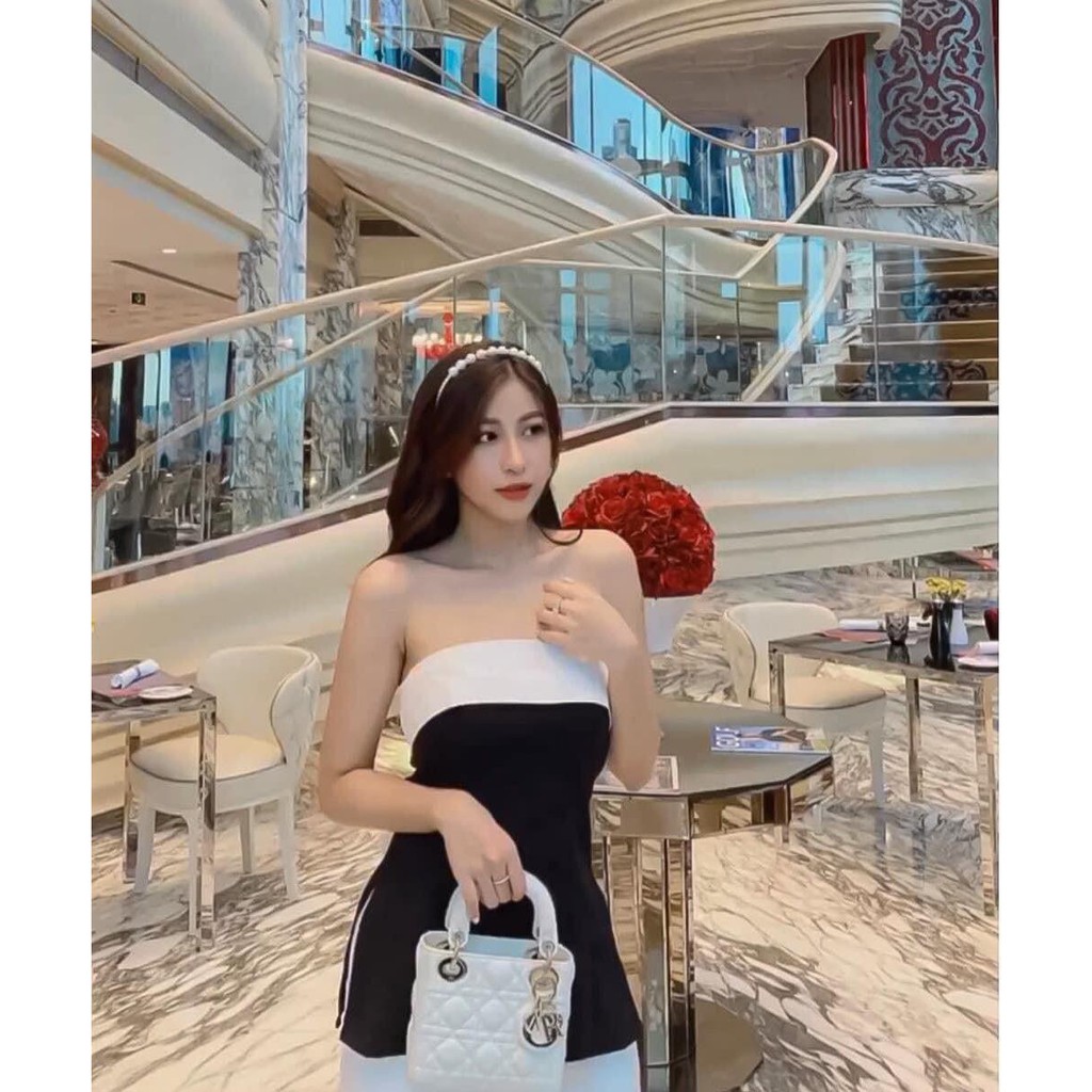 ( Quà tặng dây cột tóc ) Áo Crop Cup Ngực Đen Phối Trắng