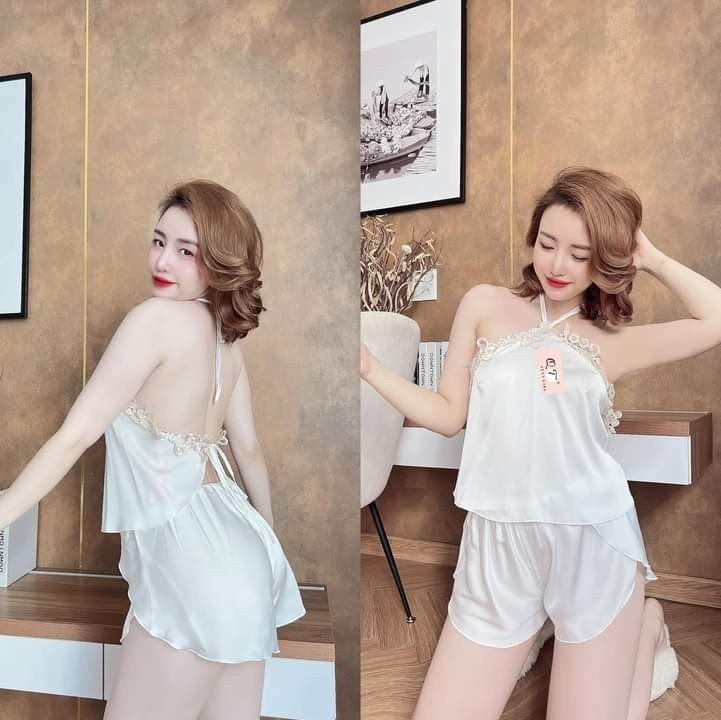 Đồ ngủ sexy nữ - bộ yếm phối ren hở lưng Lụa satin mềm mịn mát size 40 - 60kg tùy chiều cao