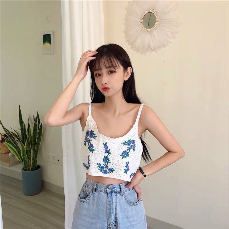 Áo 2 dây len móc thêu hoa hàng Quảng Châu