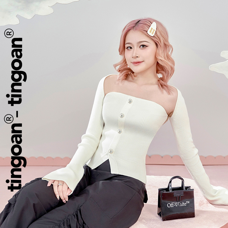 TINGOAN - Set áo len khoác ôm tay loe quây phối đính cúc dáng lửng trắng YAO CARDIGAN/WH