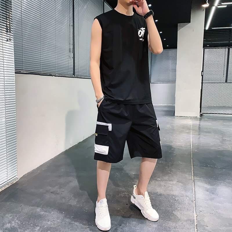 đồ bộ nam set bộ nam mặc nhà chất thun lạnh áo ba lỗ và quần lửng kaki TP42
