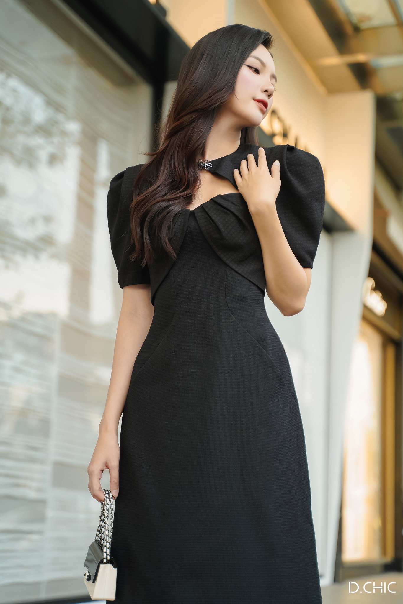 D.chic váy xếp ly ngực cổ tròn đính nơ xếp ly ms: 2813218