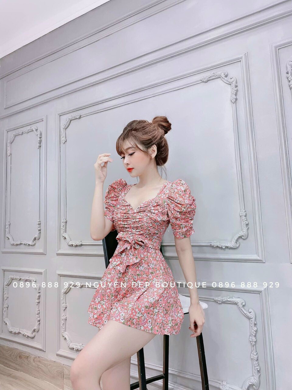 [HCM ] Jum hoa đùi cổ vuông tay búp nơ eo