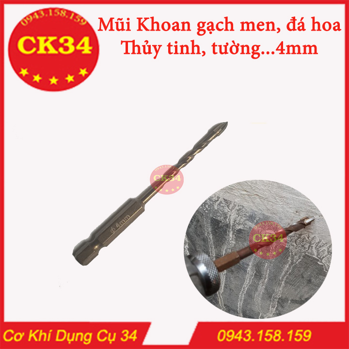 Mũi khoan kính, thủy tinh, gạch men...ĐA NĂNG chuôi lục giác phi 4 xoắn đen