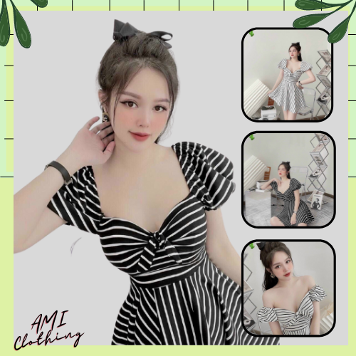 Váy đầm sọc dáng xòe trễ vai