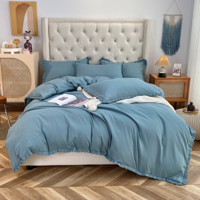 Bộ drap & chăn chần bông cotton tici bèo màu xanh nhạt
