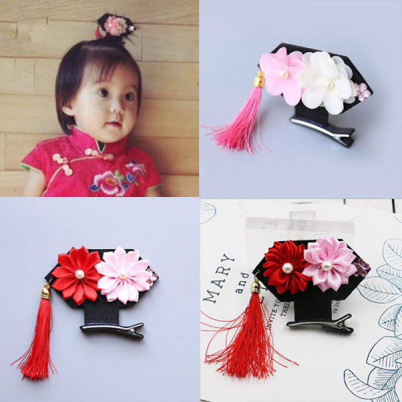 Cài tóc phối núm tua phong cách Trung Hoa cổ điển cho bé gái
