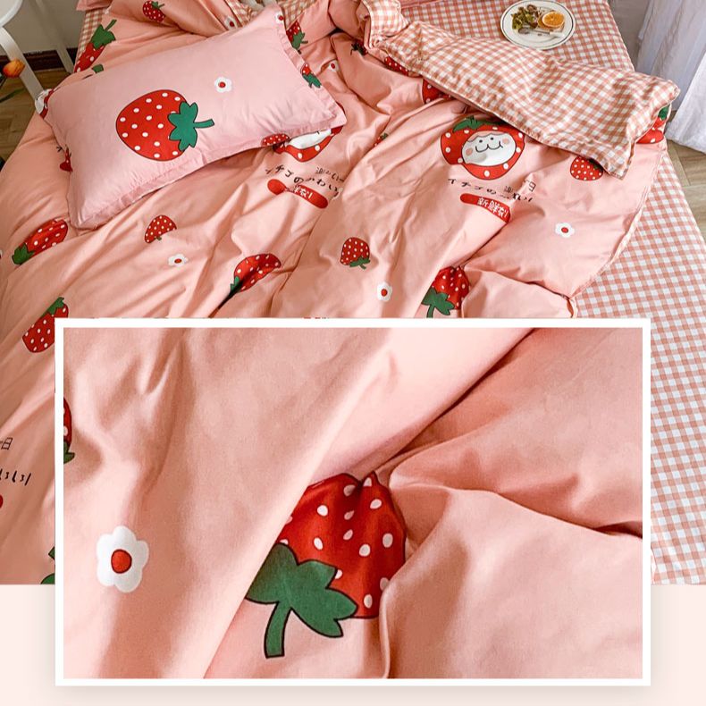 [FREESHIP] Bed Sheet And 2 Pillowcase Set 4 Pieces Cheap Pattern Japanese Strawberry Imported Cotton Poly Fabric Matterial Korean Style Durable Color Machine Wash Comfortable For Mattress 1M2, M4, M6, M8, 2M