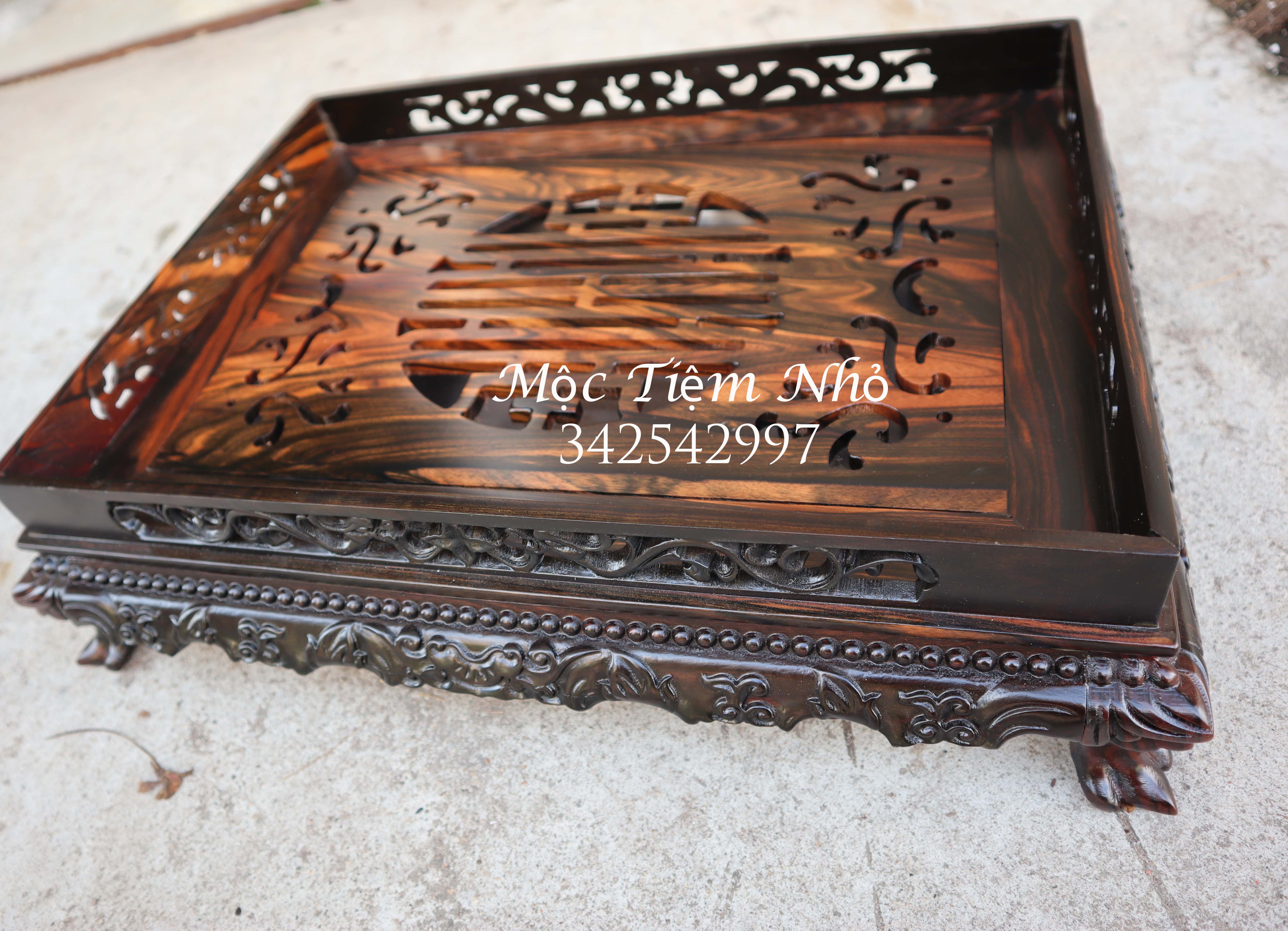 Khay trà rồng chầu,khay chè chân quỳ gỗ mun cao cấp 2 cỡ khay trà