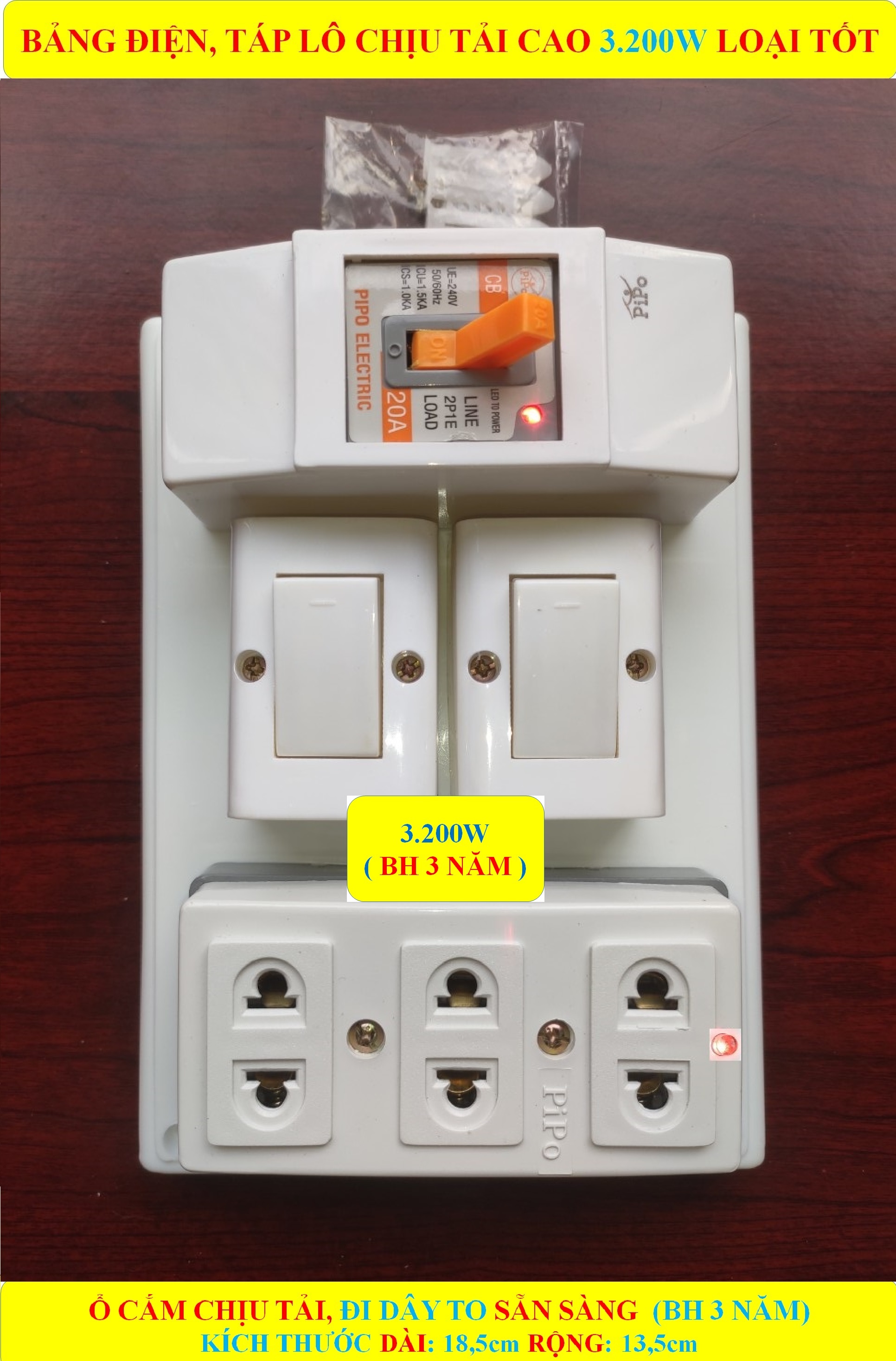 Bảng điện, Táp lô 3.200W LOẠI TỐT + + CB atomat 20A chống quá tải + 2/3 Công tắc + CÓ MÀNG CHE AN TOÀN + Ổ cắm lò xo bung chống giãn + Đi dây TO sẵn sàng + Bộ ốc vít lắp đặt