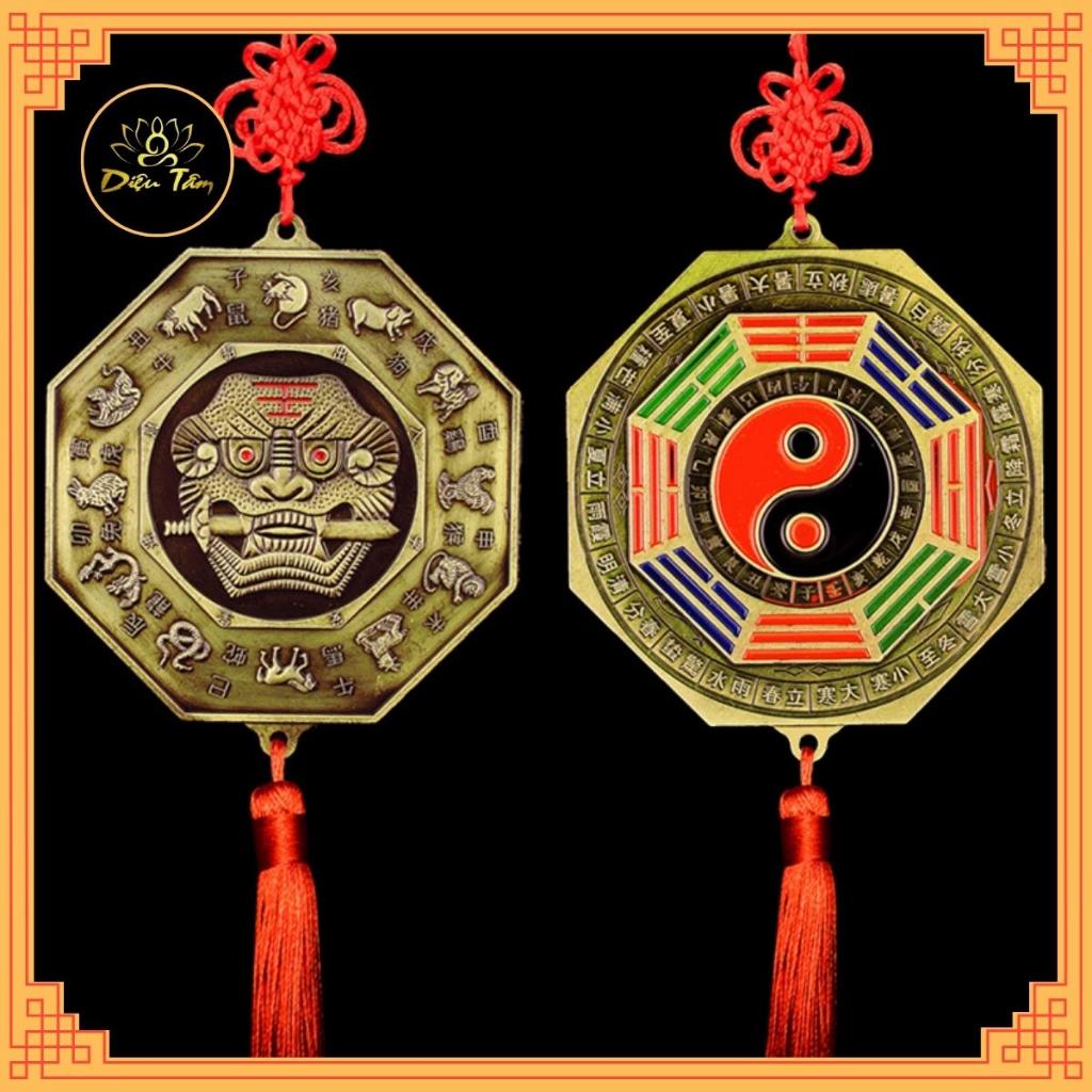 Gương Bát quái âm dương mặt sau hổ phù gương bát quái phong thủy có dây treo tâm kết