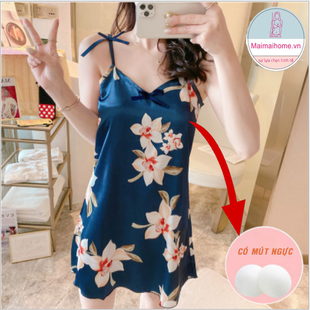 VÁY/ĐẦM NGỦ 2 DÂY HOA XANH LỤA SATIN [Maimaihome]