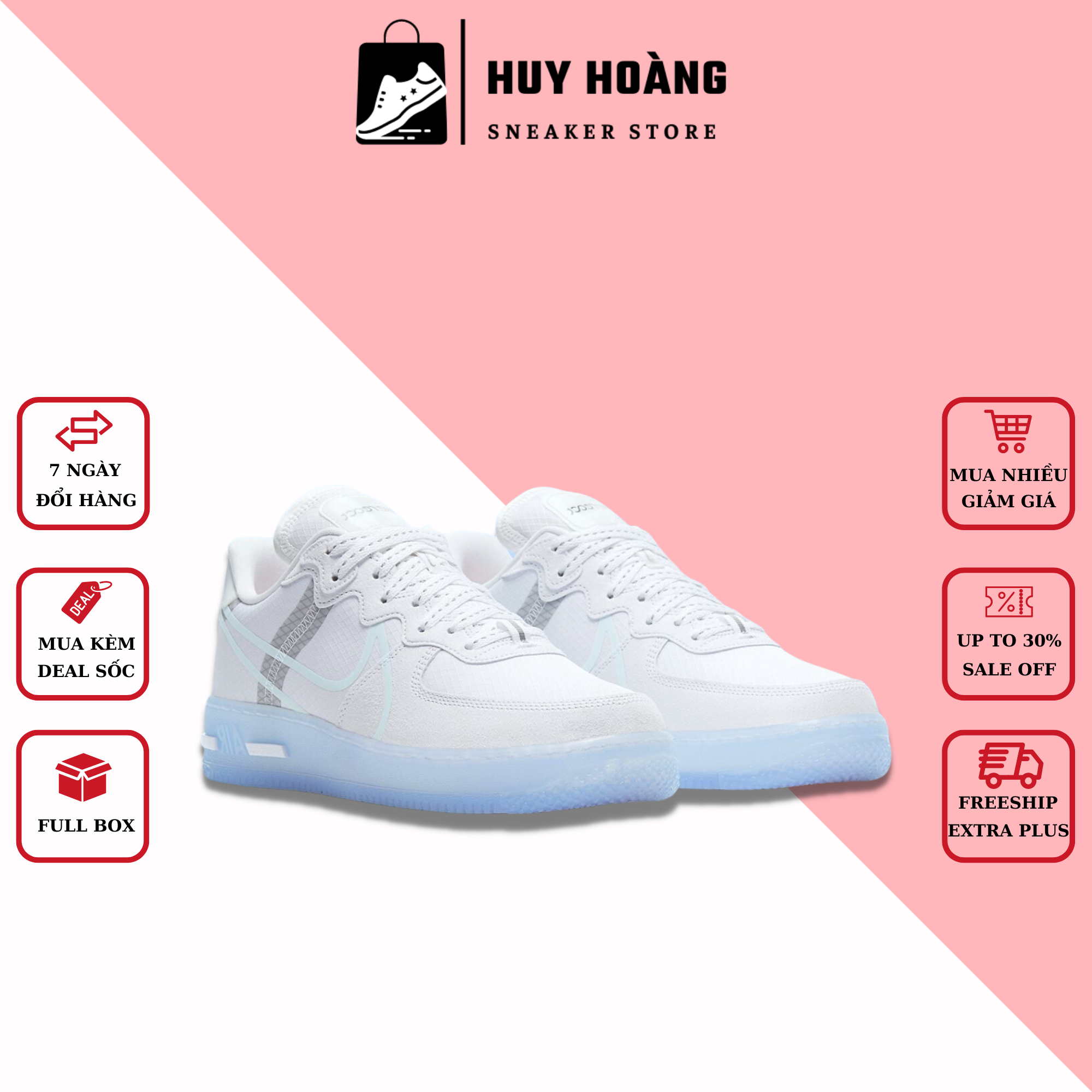 Giày AF1 React White Ice trắng đế dạ quang, Giày Thể Thao Sneaker AF1 Air Force 1 React Nam Nữ Full Box Bill