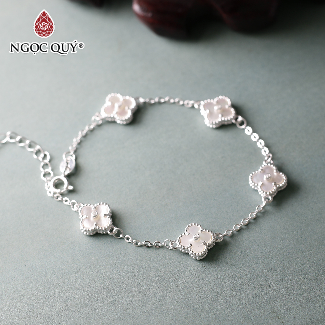 [HCM]Vòng bạc 4 lá đá xà cừ 9mm dài 15-18cm mệnh thủykim - Ngọc Quý Gemstones