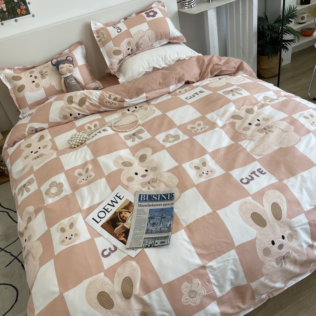 Bộ chăn ga gối cotton poly - Mẫu gấu hồng