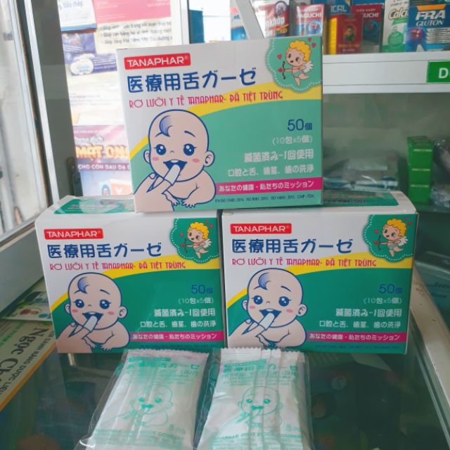 Gạc rơ lưỡi y tế trẻ em TANAPHAR hộp 50 chiếc ( đã tiệt trùng từng chiếc )
